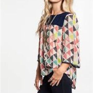 Umgee Pink and Green Boxy Blouse with 3/4 Sleeves